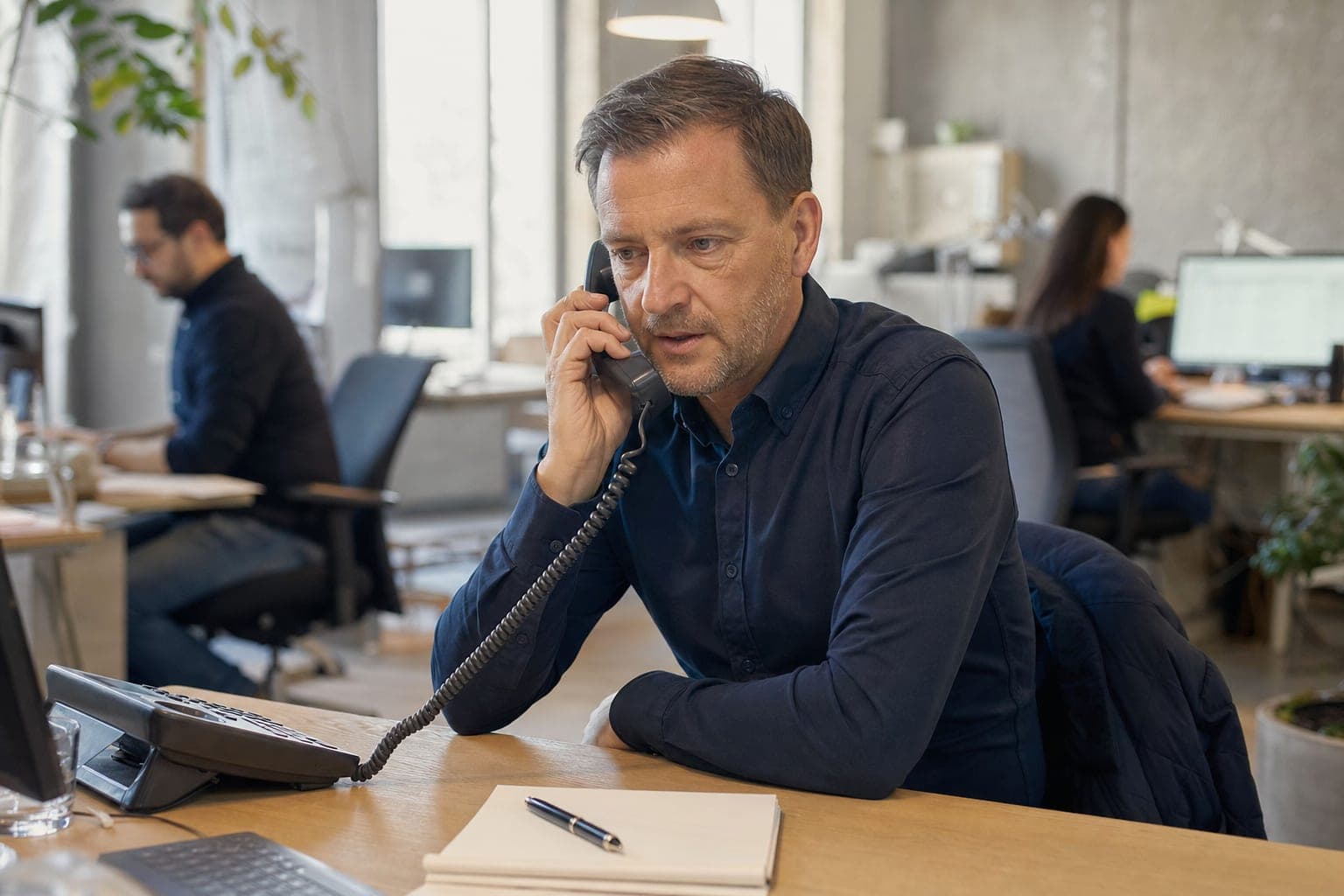Recruiter im Büro am Telefon, daneben Notizblock und Tischapparat